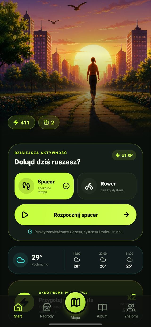 Ekran startowy ChallengeMe z pytaniem „Dokąd dziś ruszasz?”, wyborem spaceru lub roweru i przyciskiem Rozpocznij spacer