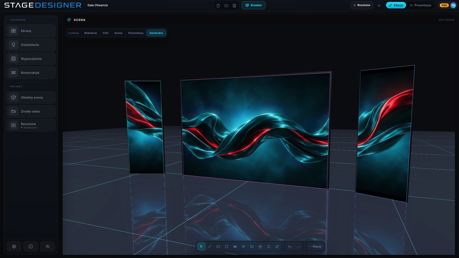 Edytor StageDesigner w widoku 3D: na scenie stoją trzy ekrany LED z wyświetlaną treścią wideo.